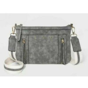 VR NYC Zip Closure Webbing Strap Whipstitch Crossbody Bag